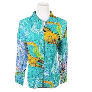 Magic Scarf Magic Crush Teal Abstract Marble Crinkle Popcorn Button Down Top OS